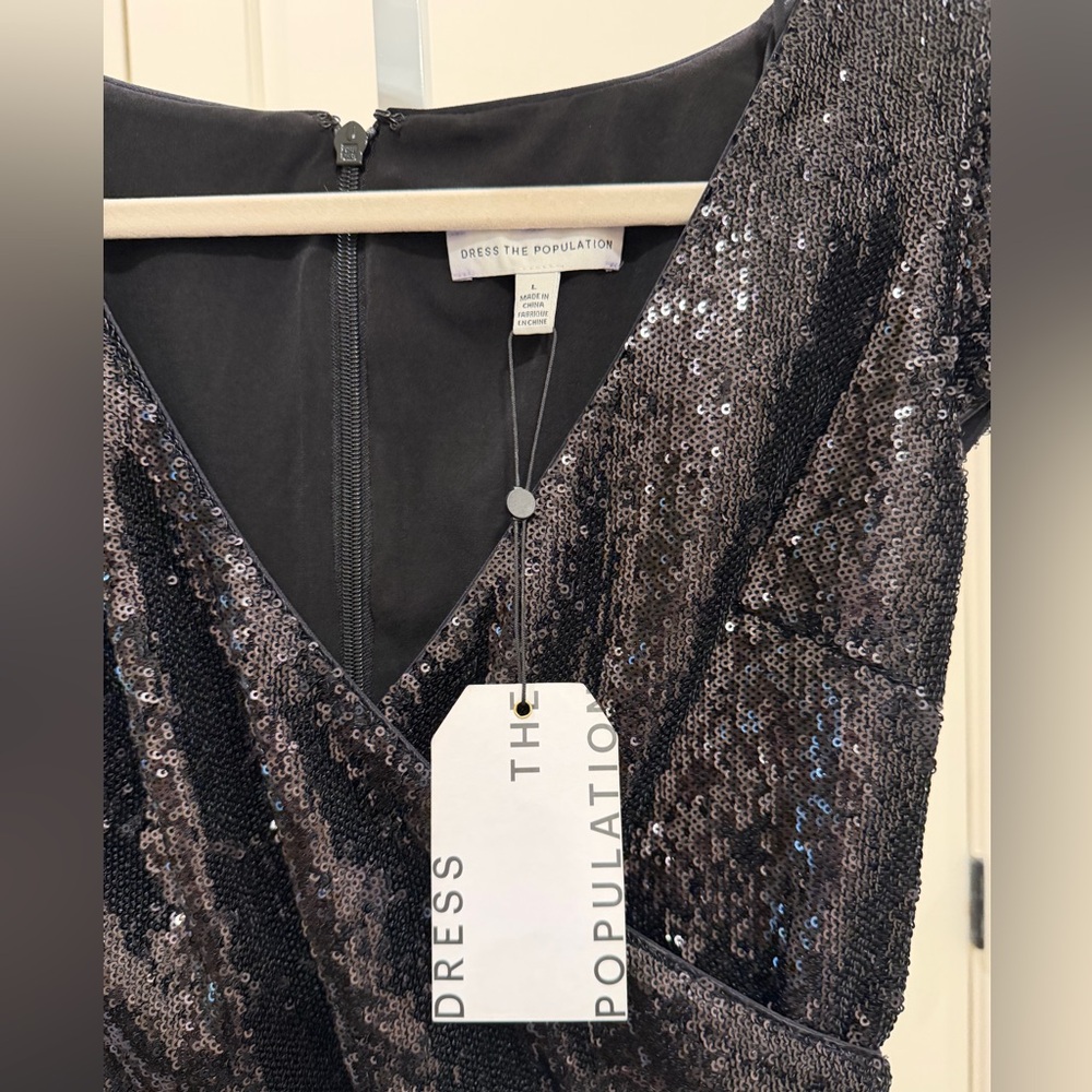 NWT Dress The Population Jaleah Black Sequin V-Neck Bodycon Midi Dress Size L - Picture 8 of 10